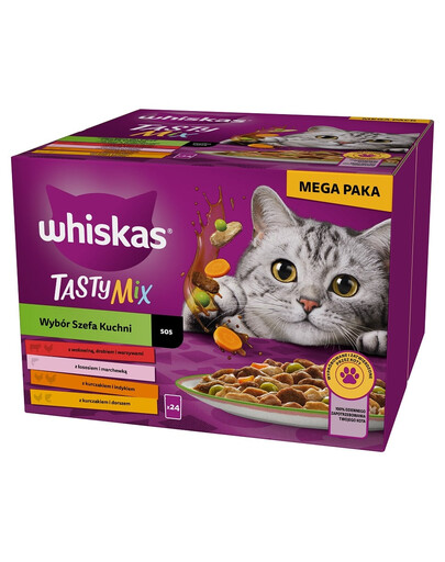 WHISKAS Adult Tasty Mix Wybór Szefa Kuchni w sosie 24x85 g kawałki z wołowiną, łososiem, kurczakiem i indykiem, kurczakiem i dorszem dla dorosłych kotów