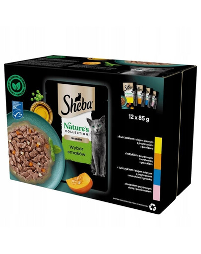 SHEBA Nature’s Collection Výber príchutí v omáčke 12x85g krmivo s kuracím, morčacím, tuniakom a lososom pre mačky