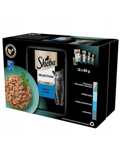 SHEBA Selection Rybie príchute v omáčke 12×85g Mokré krmivo pre mačky s lososom a čiernou treskou, bielou rybou, morskými rybami a treskou