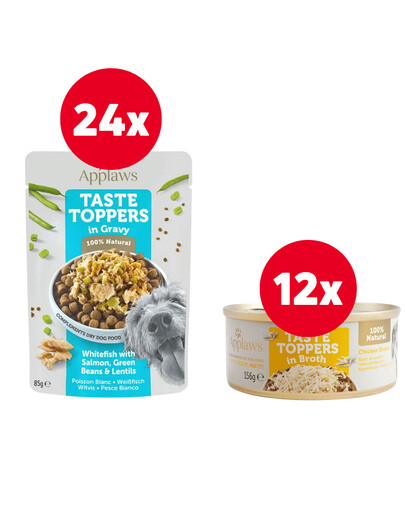 APPLAWS Taste Toppers Biela ryba, losos, fazuľa v želé  24 x 85g + Taste Toppers kuracie mäso vo vývare 12 x 156 g ZADARMO