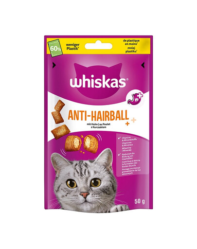 WHISKAS Anti-Hairball 50 g Maškrty proti tvorbe trichobezoárov pre dospelé mačky