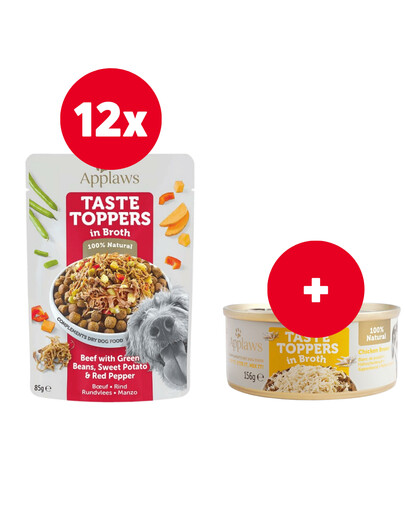 APPLAWS Taste Toppers Hovädzie mäso, zelené fazuľky, korenie vo vývare 24x 85 g + Taste Toppers kuracie mäso vo vývare 12x156 g ZADARMO