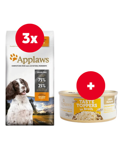 APPLAWS Dog Adult Small & Medium Breed Chicken 3x2 kg + Taste Toppers Kuracie prsia vo vývare 6x156g ZADARMO