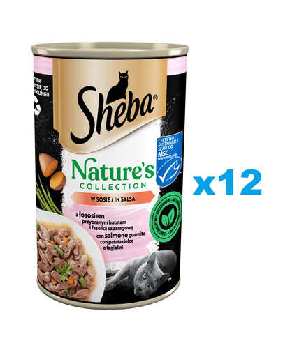 SHEBA konzerva 12×400 g Nature's Collection Kompletné krmivo pre dospelé mačky s lososom, batátmi a zelenými fazuľkami v omáčke