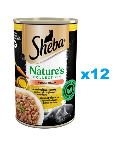 SHEBA Nature's Collection 12×400g Hydinová konzerva s pečeňou, rybím olejom a mrkvou v omáčke