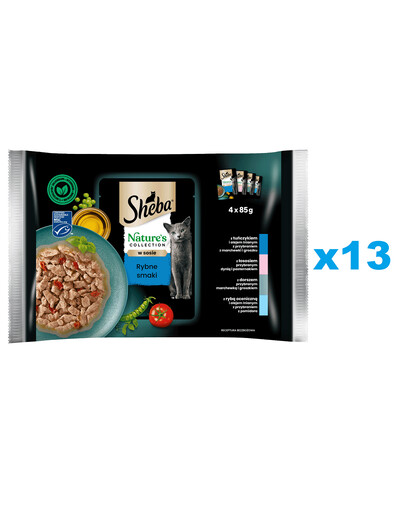 SHEBA Nature’s Collection Rybie príchute 52x85 g kompletné krmivo pre dospelé mačky v omáčke s tuniakom, lososom, treskou, morskými rybami