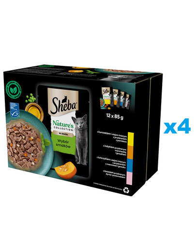 SHEBA Nature’s Collection Výber príchutí 48x85 g kompletné krmivo pre dospelé mačky v kúskoch omáčky s: kuracím, morčacím, tuniakovým, lososovým