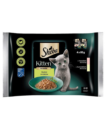 SHEBA Kitten Výber príchutí 5x4x85 g vrecúška kompletné krmivo pre mačiatka v omáčke kúsky s: losos, kuracie mäso
