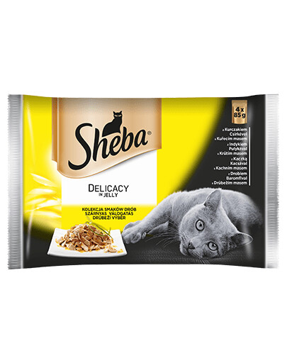 SHEBA Delicacy Fine Flakes Hydinové príchute vrecúška 52x85 g kompletné krmivo pre dospelé mačky v kúskoch želé s: kačicou, kuracím mäsom, hydinou, morkou