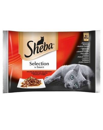 SHEBA Selection Šťavnaté príchute vrecúška 52x85 g kompletné krmivo pre dospelé mačky v kúskoch omáčky s kuracím a hovädzím mäsom, kuracím, jahňacím, kačacím a morčacím mäsom