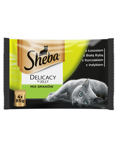 SHEBA Delicacy Fine Flakes Výber príchutí 52x85 g vrecúška kompletné krmivo pre dospelé mačky v kúskoch želé s: losos, biela ryba, kuracie mäso, morka