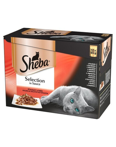 SHEBA Selection Šťavnaté príchute vrecúška 48x85 g kompletné krmivo pre dospelé mačky v kúskoch omáčky s kuracím a hovädzím mäsom, kuracím, jahňacím, kačacím a morčacím mäsom