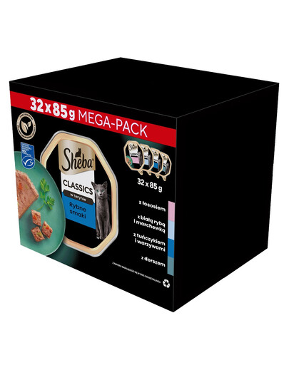 SHEBA paštika z bílé ryby, tresky, lososa a tuňáka 32x85g