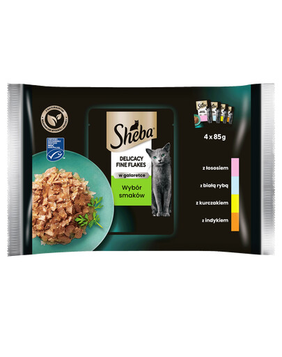 SHEBA Jemné vločky v želé pre mačky (biela ryba, losos, morka, kura) 4x85g