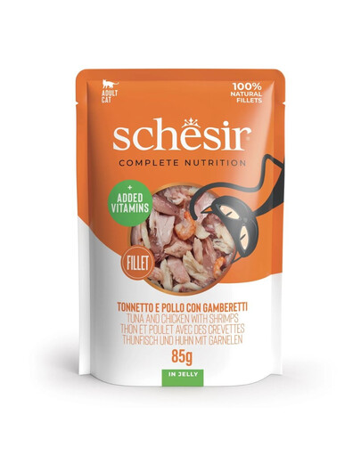 SCHESIR Jelly Adult Tuniak a kura s krevetami v želé pre mačky 85 g