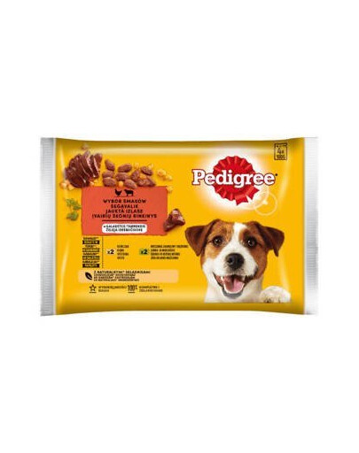PEDIGREE Adult Selection of Flavours v želé 4x100g krmivo pre dospelé psy s kúskami bohatými na kuracie mäso a zmes jahňacieho mäsa a pečene