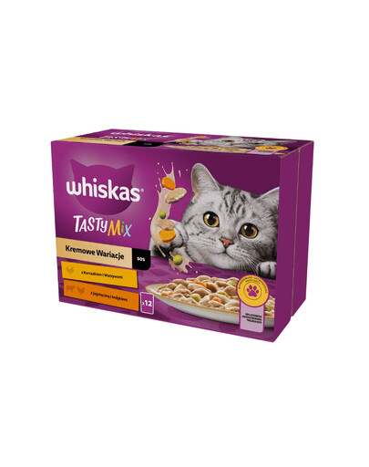 WHISKAS Adult kapsička 12x85g Krémové krmivo pre dospelé mačky v omáčke s: kuracím mäsom a zeleninou, jahňacím a morčacím mäsom